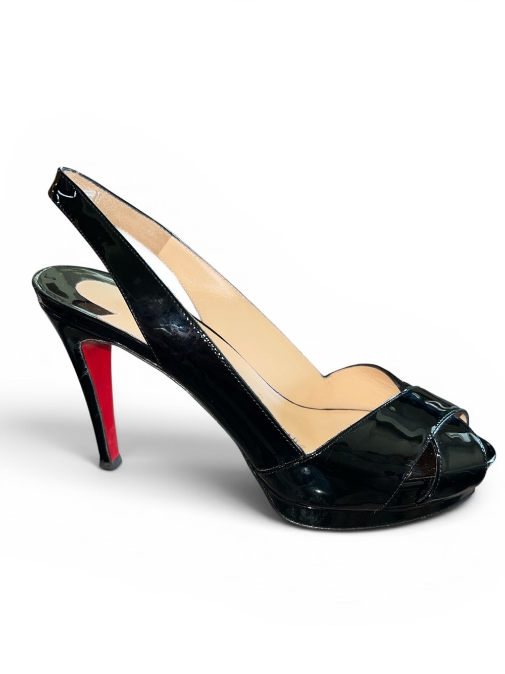 Christian Louboutin Black Patent Peep Toe Platform Slingback Size 37 .5